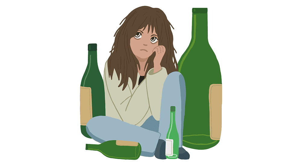 sad young woman suffering from alcohol use disorder surrounded by alcohol bottles
