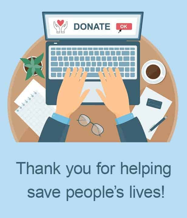 person typing on the computer with a donation screen the text thank you for helping save people's lives!"