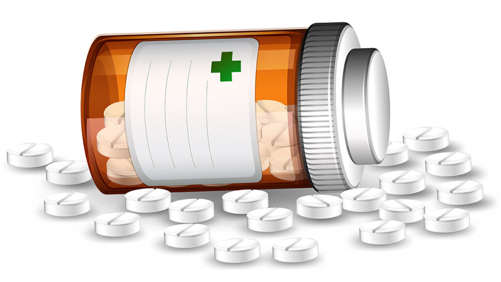 spilled prescription bottle with white opioid pills around it