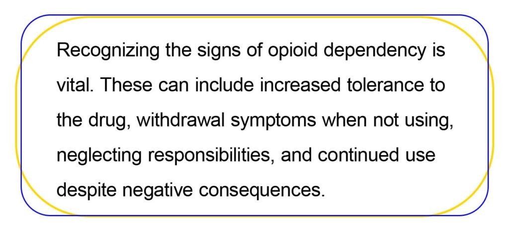 Recognizing the signs of opioid dependency is vital. These can include increased tolerance to the drug, withdrawal symptoms when not using, neglecting responsibilities, and continued use despite negative consequences.