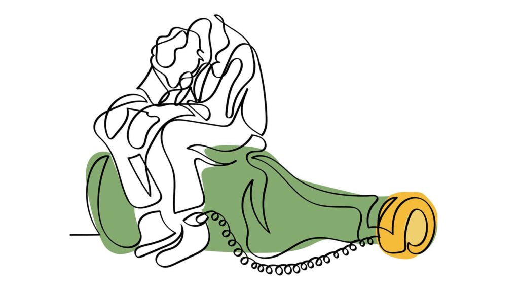 line drawing person sitting on and chained to a bottle