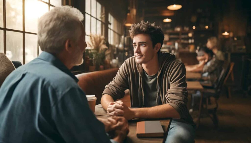 recovering man having coffee with his sponsor